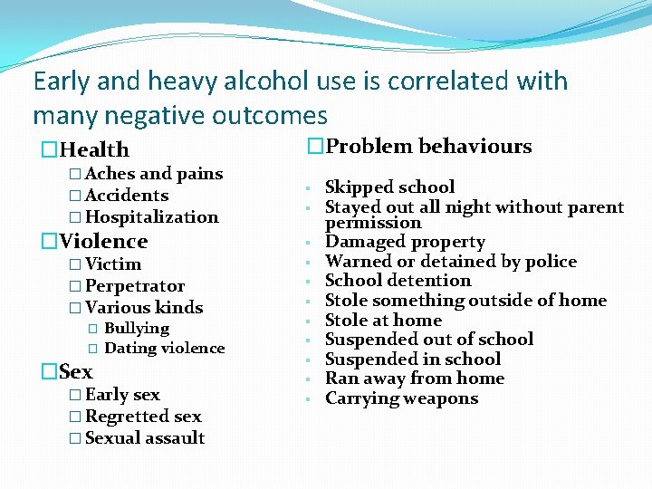 Early and heavy alcohol use is correlated with many negative outcomes �Health � Aches