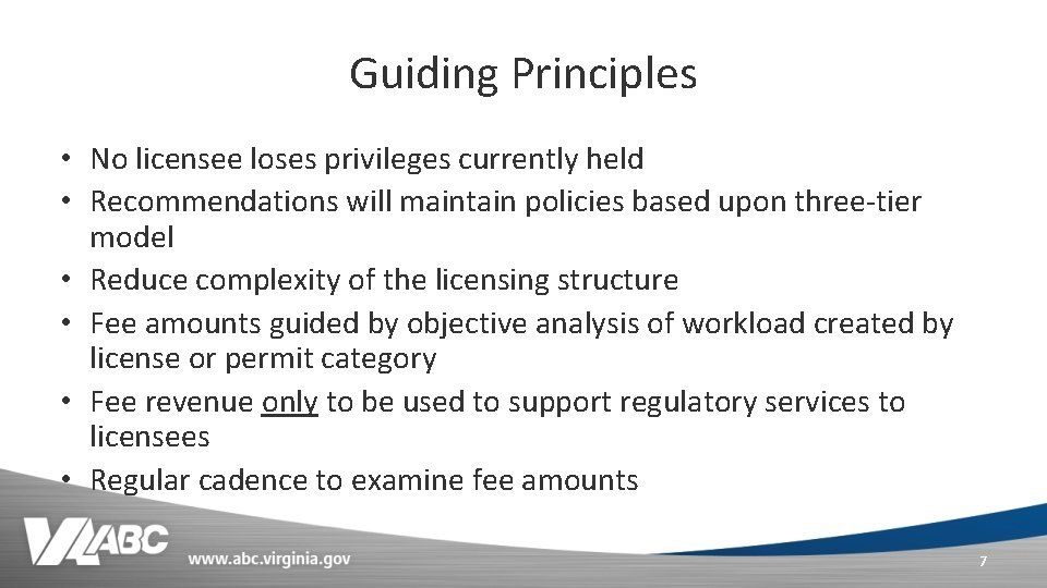 Guiding Principles • No licensee loses privileges currently held • Recommendations will maintain policies