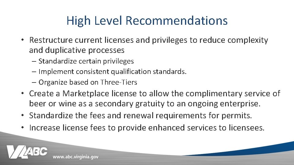 High Level Recommendations • Restructure current licenses and privileges to reduce complexity and duplicative