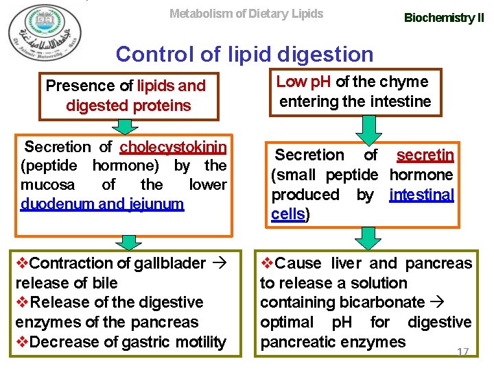 Metabolism of Dietary Lipids Biochemistry II Control of lipid digestion Presence of lipids and