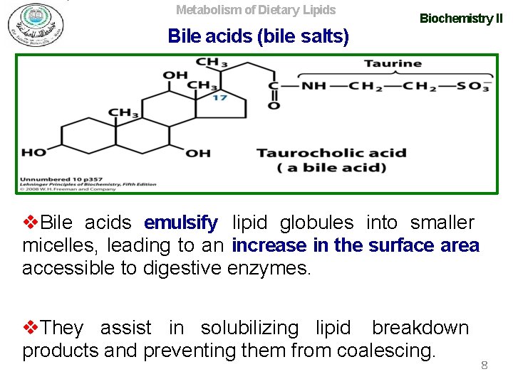 Metabolism of Dietary Lipids Bile acids (bile salts) Biochemistry II Bile acids emulsify lipid