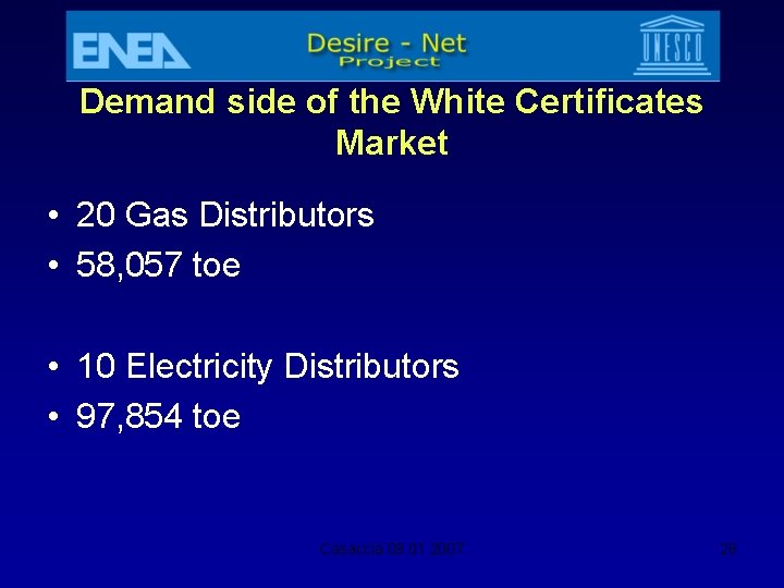 Demand side of the White Certificates Market • 20 Gas Distributors • 58, 057