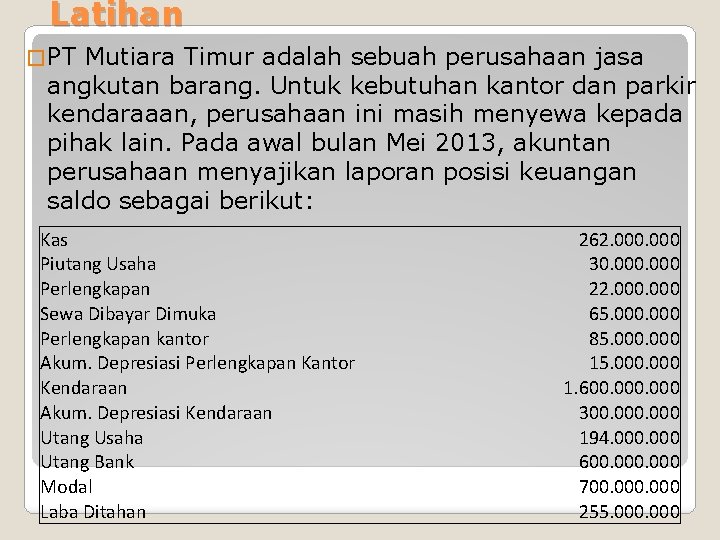 Latihan � PT Mutiara Timur adalah sebuah perusahaan jasa angkutan barang. Untuk kebutuhan kantor