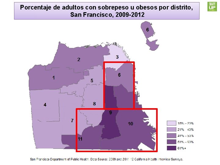 Porcentaje de adultos con sobrepeso u obesos por distrito, San Francisco, 2009 -2012 