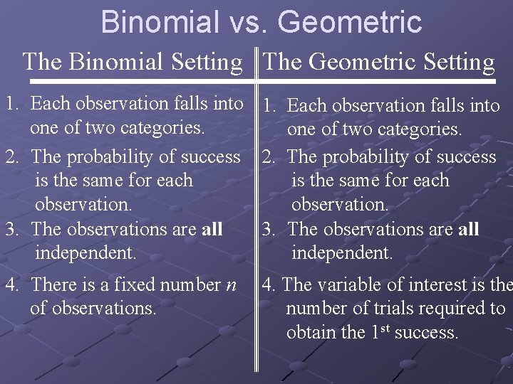 Binomial vs. Geometric The Binomial Setting The Geometric Setting 1. Each observation falls into