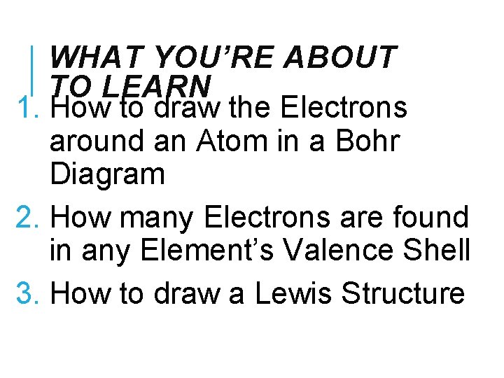 WHAT YOU’RE ABOUT TO LEARN 1. How to draw the Electrons around an Atom