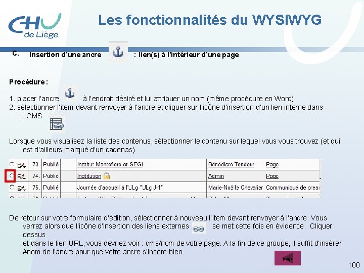 Les fonctionnalités du WYSIWYG C. Insertion d’une ancre : lien(s) à l’intérieur d’une page