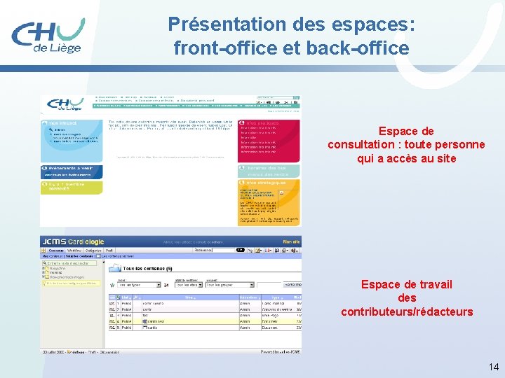 Présentation des espaces: front-office et back-office Espace de consultation : toute personne qui a