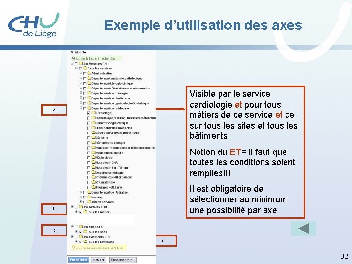 Exemple d’utilisation des axes Visible par le service cardiologie et pour tous métiers de