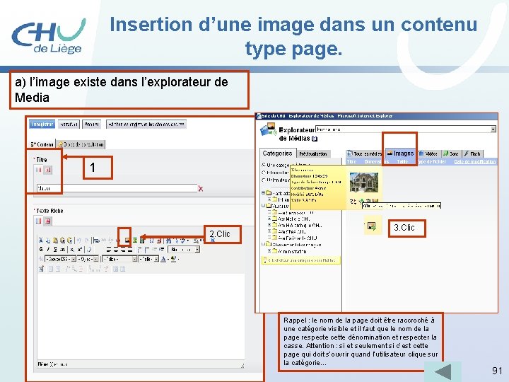 Insertion d’une image dans un contenu type page. a) l’image existe dans l’explorateur de