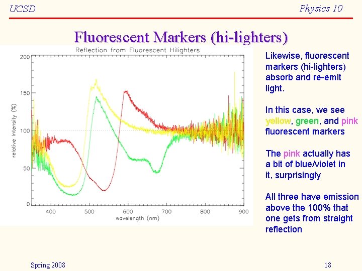 Physics 10 UCSD Fluorescent Markers (hi-lighters) Likewise, fluorescent markers (hi-lighters) absorb and re-emit light.