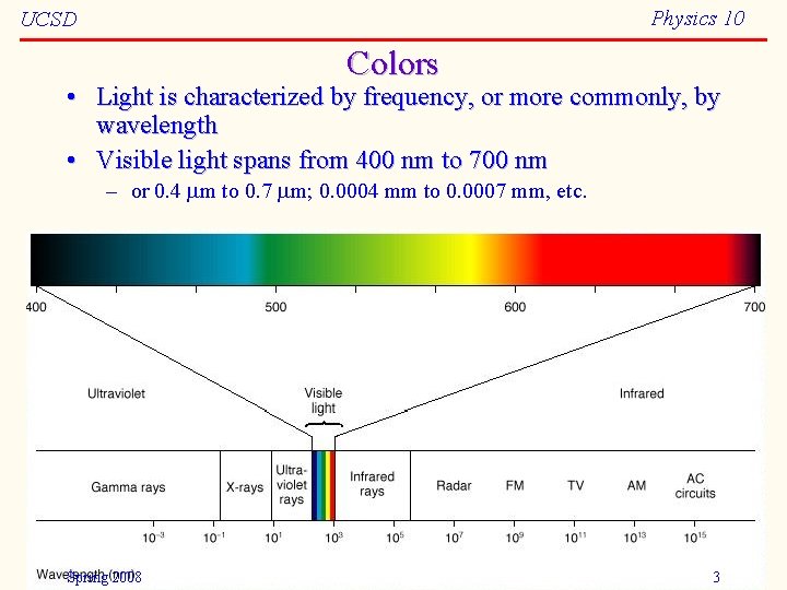 Physics 10 UCSD Colors • Light is characterized by frequency, or more commonly, by