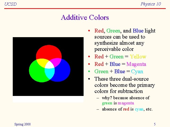 Physics 10 UCSD Additive Colors • Red, Green, and Blue light sources can be