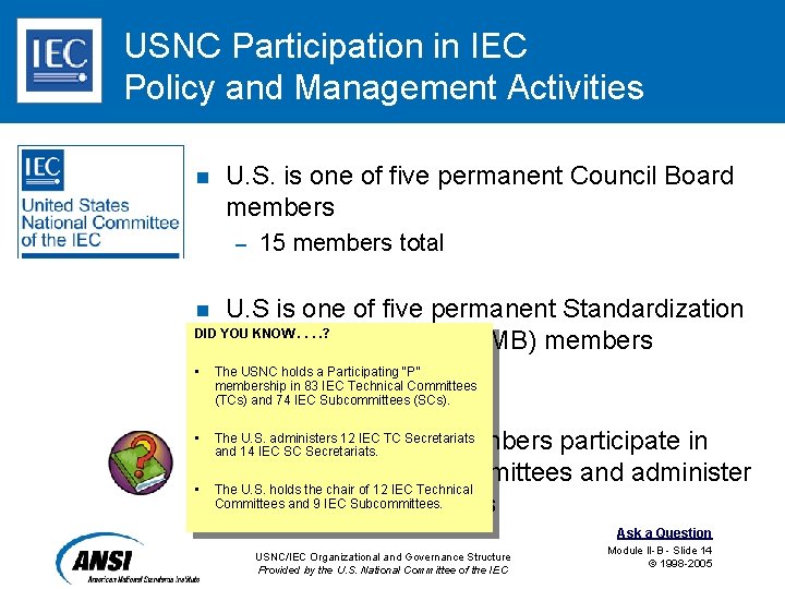 USNC Participation in IEC Policy and Management Activities n U. S. is one of