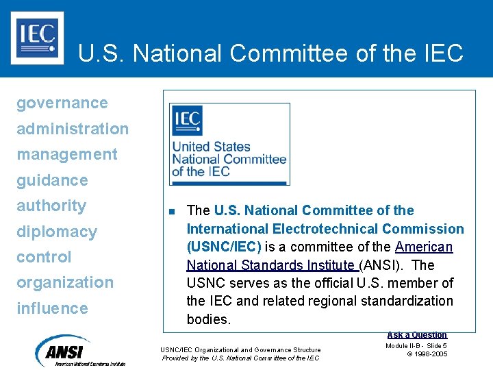 U. S. National Committee of the IEC governance administration management guidance authority diplomacy control