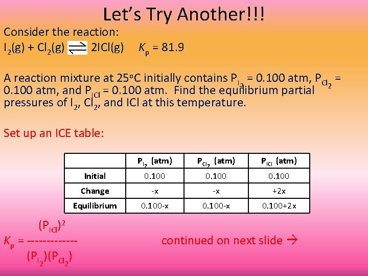 Let’s Try Another!!! Consider the reaction: I 2(g) + Cl 2(g) 2 ICl(g) Kp