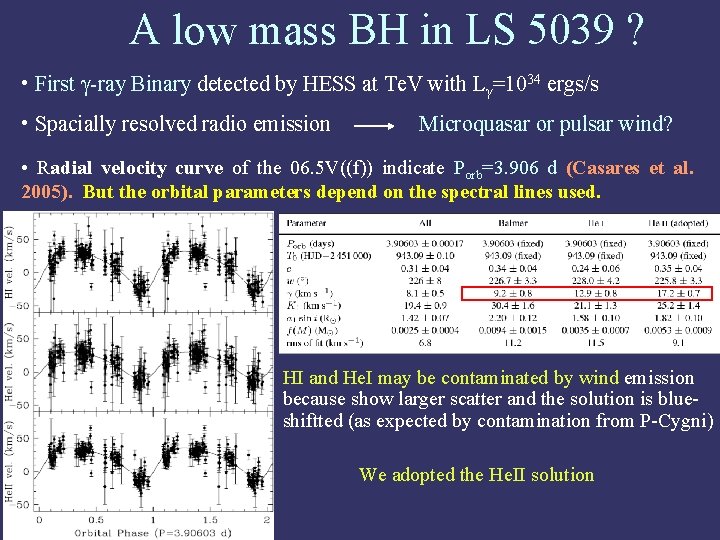 A low mass BH in LS 5039 ? • First γ-ray Binary detected by