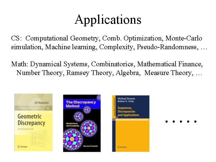 Applications CS: Computational Geometry, Comb. Optimization, Monte-Carlo simulation, Machine learning, Complexity, Pseudo-Randomness, … Math: