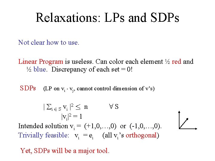 Relaxations: LPs and SDPs Not clear how to use. Linear Program is useless. Can