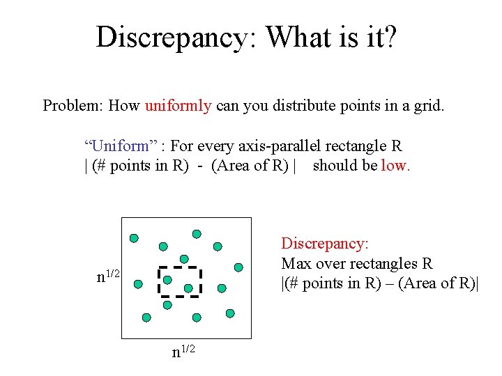 Discrepancy: What is it? Problem: How uniformly can you distribute points in a grid.