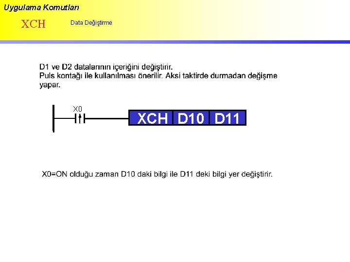 Uygulama Komutları XCH Data Değiştirme X 0 XCH D 10 D 11 
