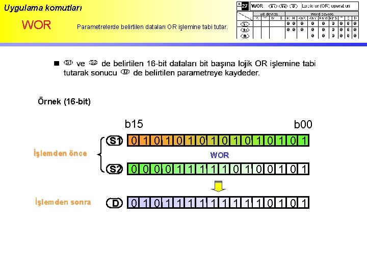 Uygulama komutları WOR Parametrelerde belirtilen dataları OR işlemine tabi tutar. Örnek (16 -bit) b