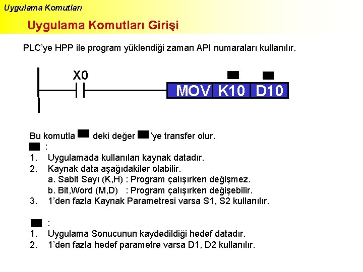 Uygulama Komutları Girişi PLC’ye HPP ile program yüklendiği zaman API numaraları kullanılır. X 0