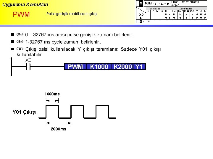 Uygulama Komutları PWM Pulse genişlik modülasyon çıkışı X 0 PWM 1000 ms Y 01