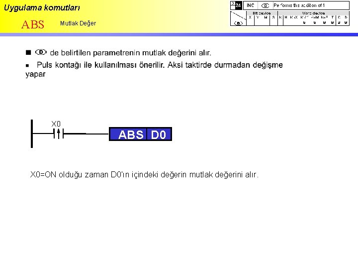 Uygulama komutları ABS Mutlak Değer X 0 ABS D 0 X 0=ON olduğu zaman