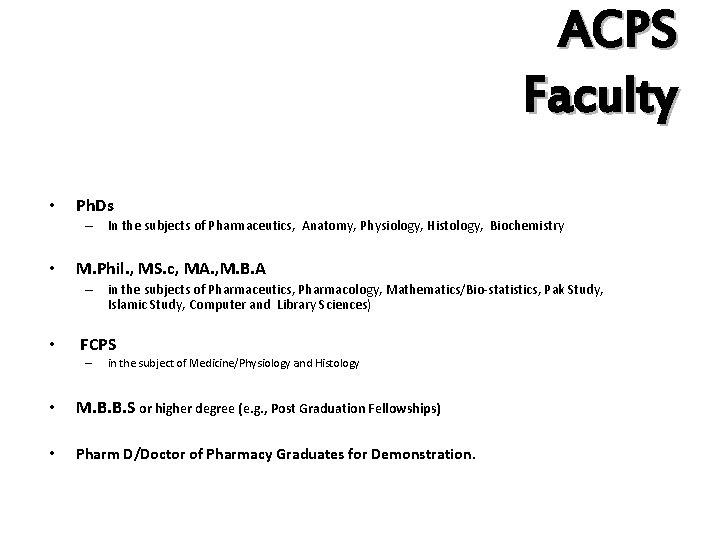 ACPS Faculty • Ph. Ds – In the subjects of Pharmaceutics, Anatomy, Physiology, Histology,