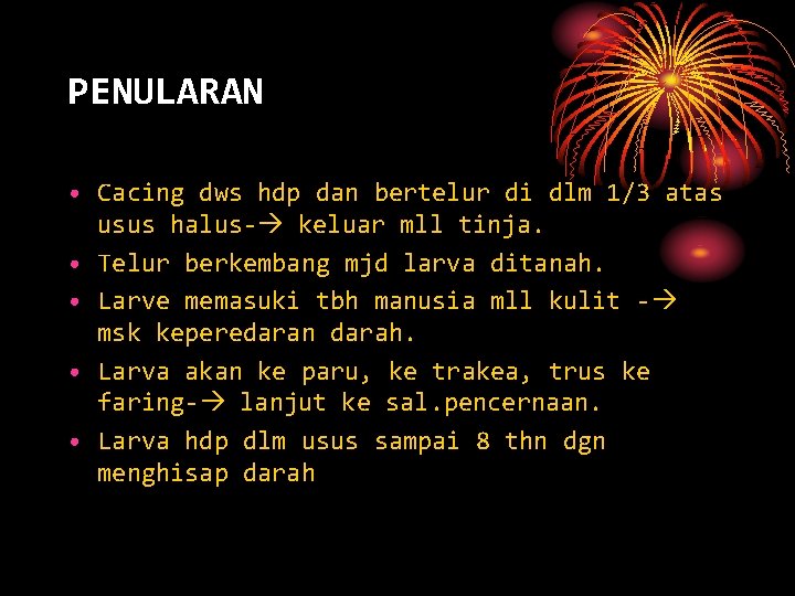 PENULARAN • Cacing dws hdp dan bertelur di dlm 1/3 atas usus halus- keluar