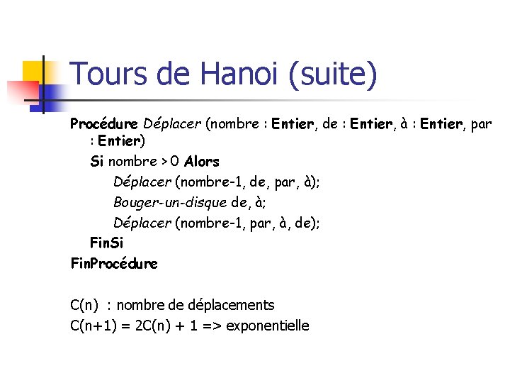 Tours de Hanoi (suite) Procédure Déplacer (nombre : Entier, de : Entier, à :