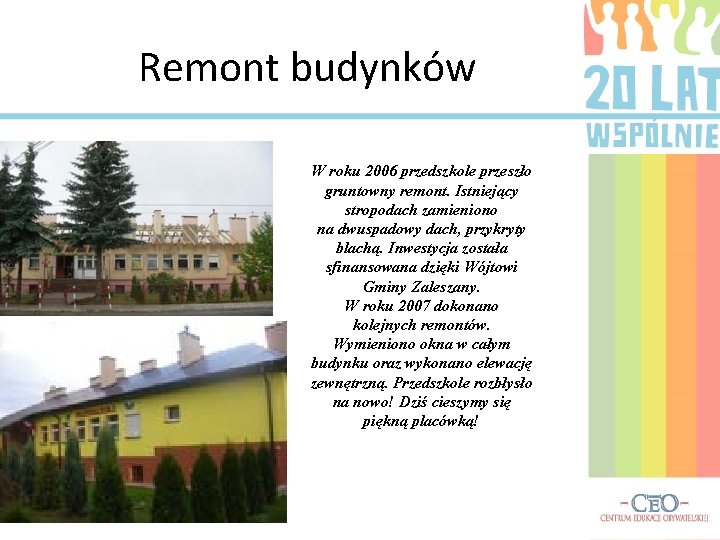 Remont budynków W roku 2006 przedszkole przeszło gruntowny remont. Istniejący stropodach zamieniono na dwuspadowy