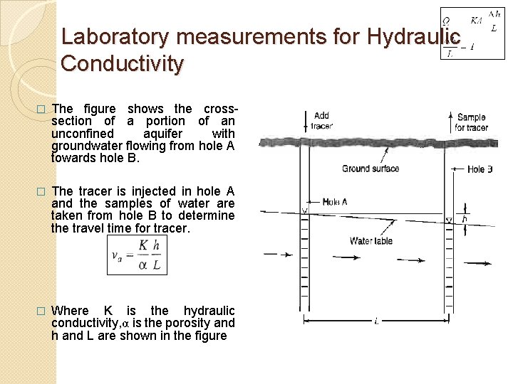 Laboratory measurements for Hydraulic Conductivity � The figure shows the crosssection of a portion