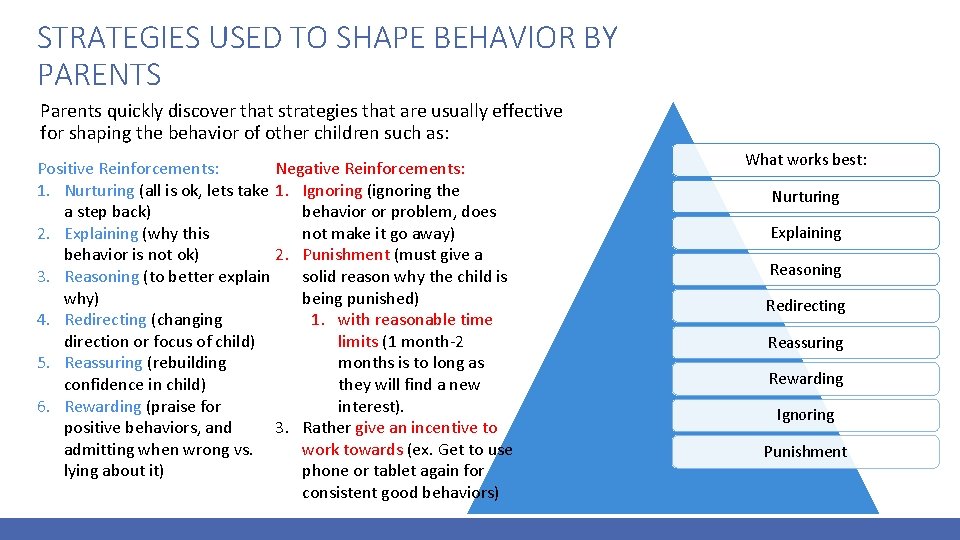 STRATEGIES USED TO SHAPE BEHAVIOR BY PARENTS Parents quickly discover that strategies that are