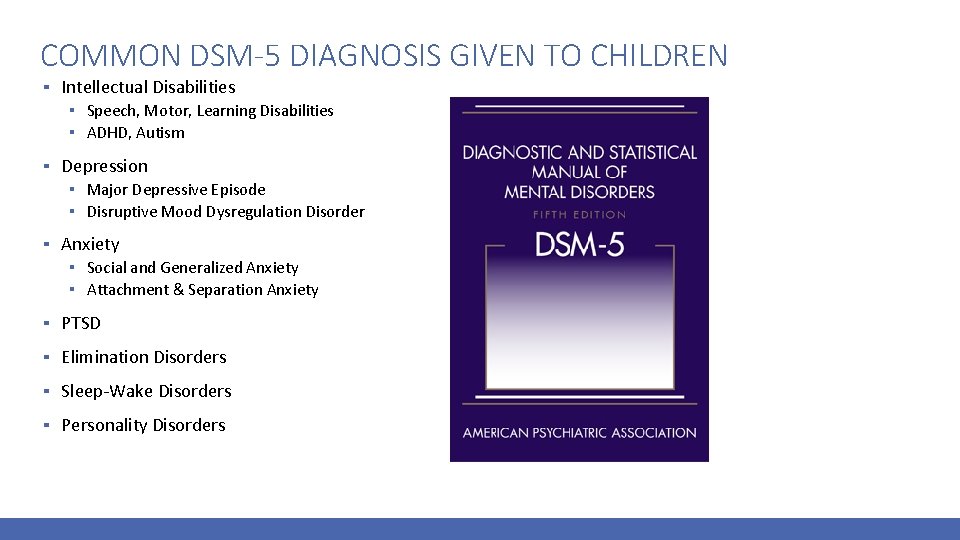 COMMON DSM-5 DIAGNOSIS GIVEN TO CHILDREN ▪ Intellectual Disabilities ▪ Speech, Motor, Learning Disabilities