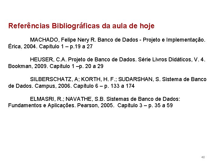 Referências Bibliográficas da aula de hoje MACHADO, Felipe Nery R. Banco de Dados -