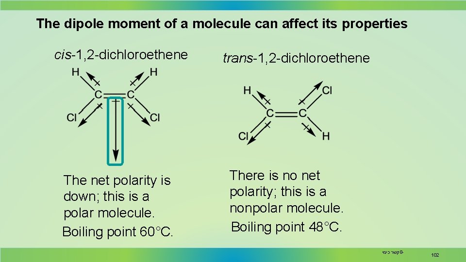 The dipole moment of a molecule can affect its properties cis-1, 2 -dichloroethene The
