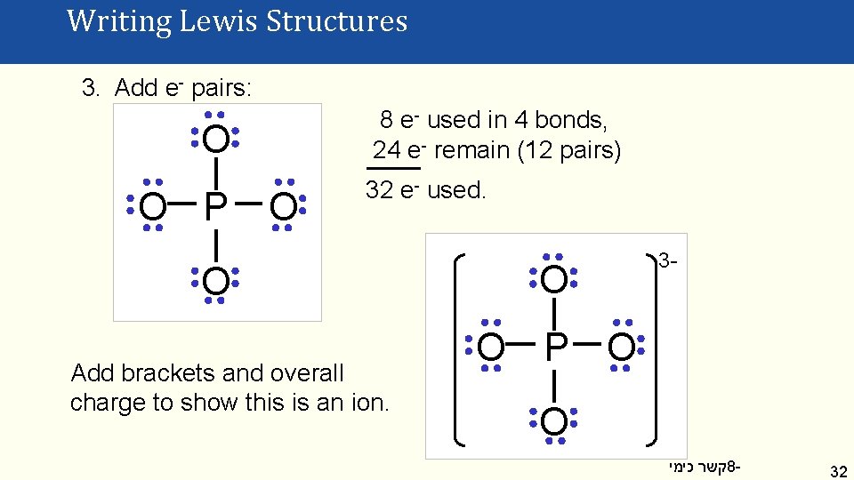 Writing Lewis Structures 3. Add e- pairs: 8 e- used in 4 bonds, 24