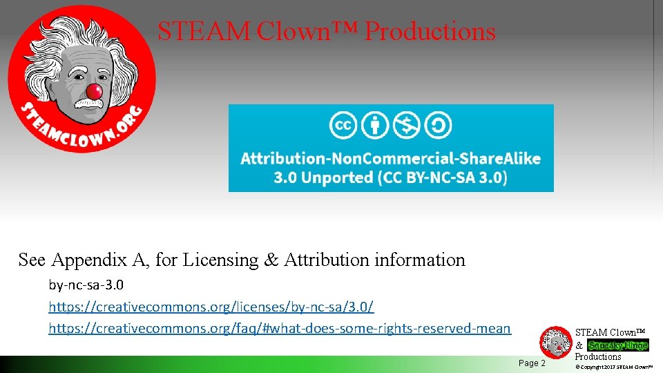 STEAM Clown™ Productions See Appendix A, for Licensing & Attribution information by-nc-sa-3. 0 https: