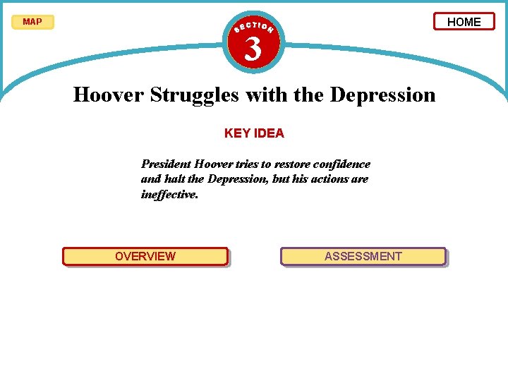 HOME MAP 3 Hoover Struggles with the Depression KEY IDEA President Hoover tries to