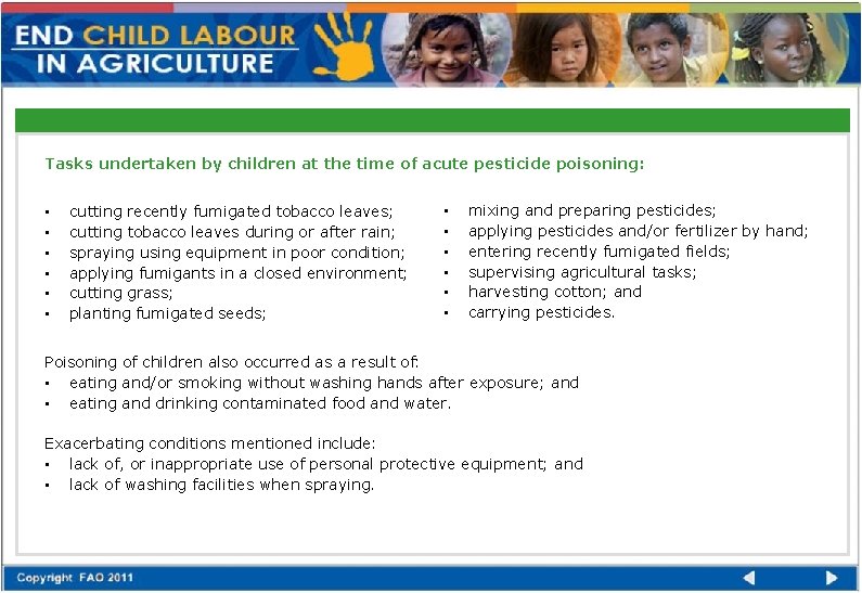 Tasks undertaken by children at the time of acute pesticide poisoning: • • •