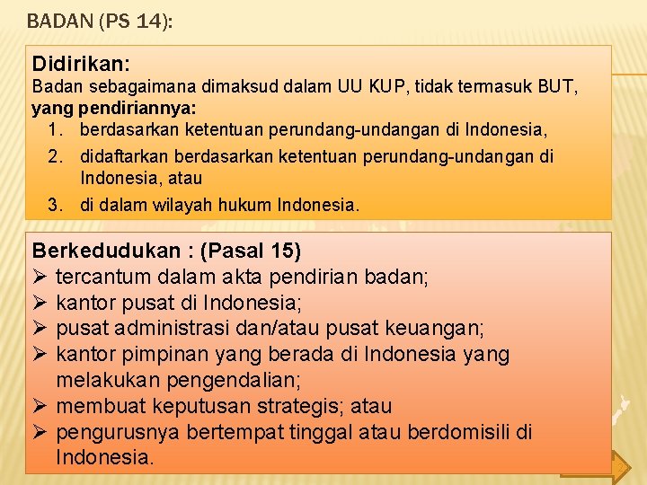 BADAN (PS 14): Didirikan: Badan sebagaimana dimaksud dalam UU KUP, tidak termasuk BUT, yang