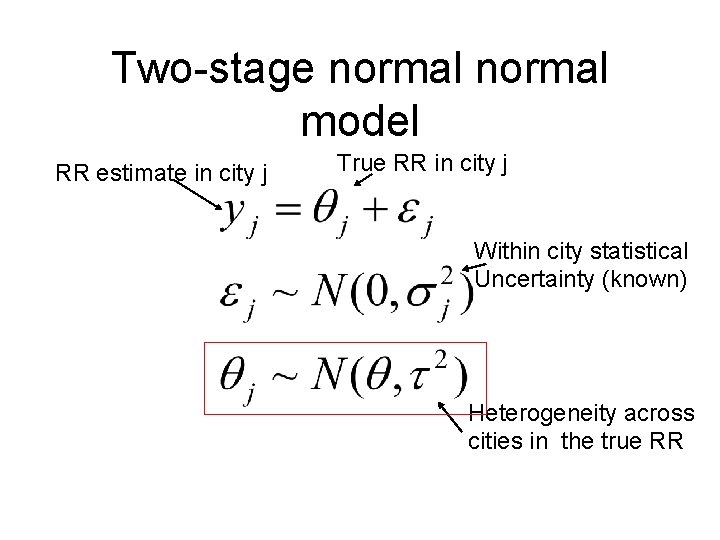 Two-stage normal model RR estimate in city j True RR in city j Within