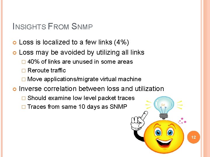 INSIGHTS FROM SNMP Loss is localized to a few links (4%) Loss may be