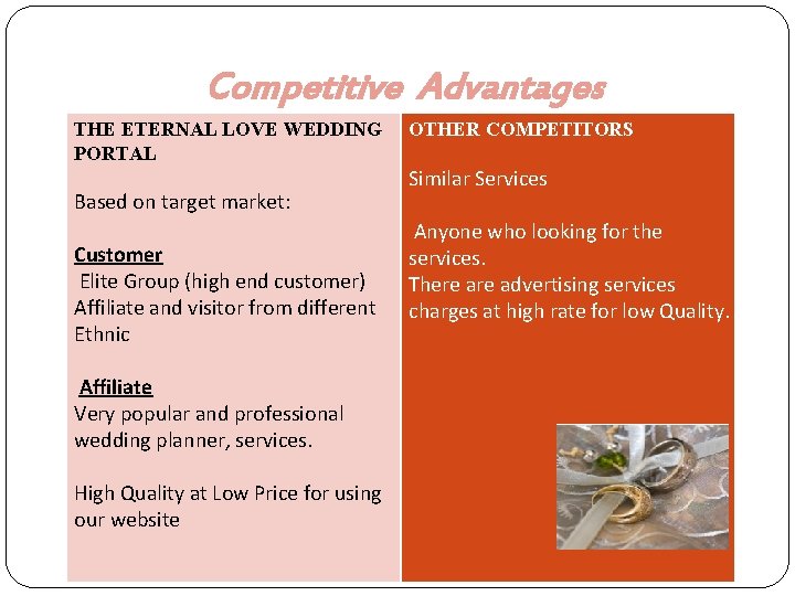 Competitive Advantages THE ETERNAL LOVE WEDDING PORTAL Based on target market: Customer Elite Group