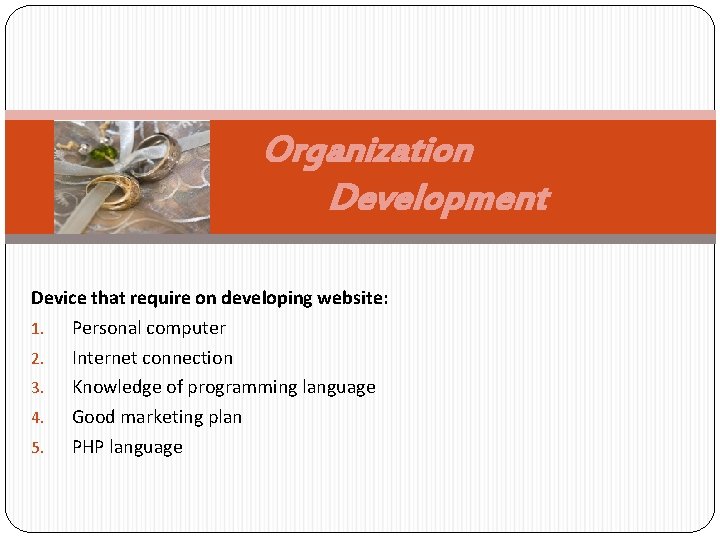 Organization Development Device that require on developing website: 1. Personal computer 2. Internet connection