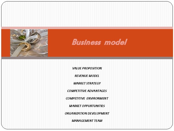 Business model VALUE PROPOSITION REVENUE MODEL MARKET STRATEGY COMPETITIVE ADVANTAGES COMPETITIVE ENVIRONMENT MARKET OPPURTUNITIES