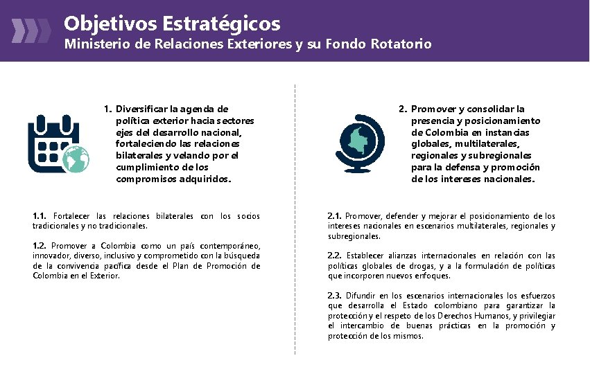 Objetivos Estratégicos Ministerio de Relaciones Exteriores y su Fondo Rotatorio 1. Diversificar la agenda