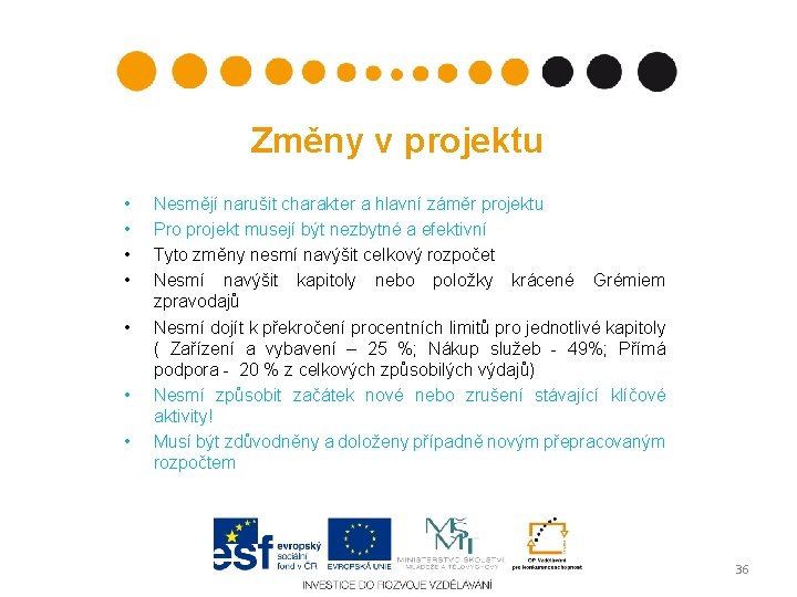 Změny v projektu • • Nesmějí narušit charakter a hlavní záměr projektu Pro projekt